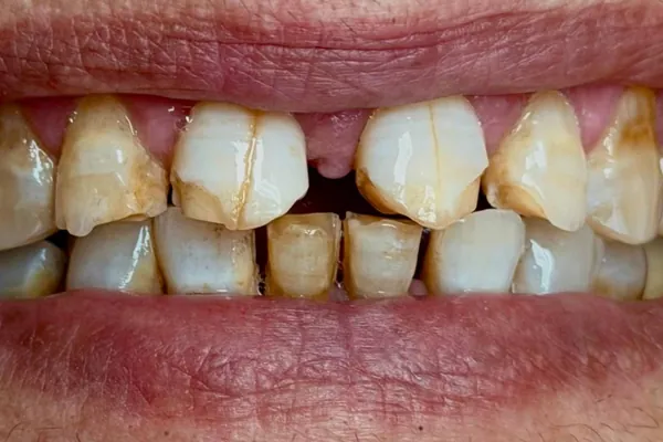 Prima del trattamento: denti anteriori consumati e macchiati, con uno spazio tra gli incisivi centrali superiori.